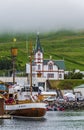 View of the Husavik Port and town from Skjalfandi Bay. North coast of Iceland, Nordurting municipality